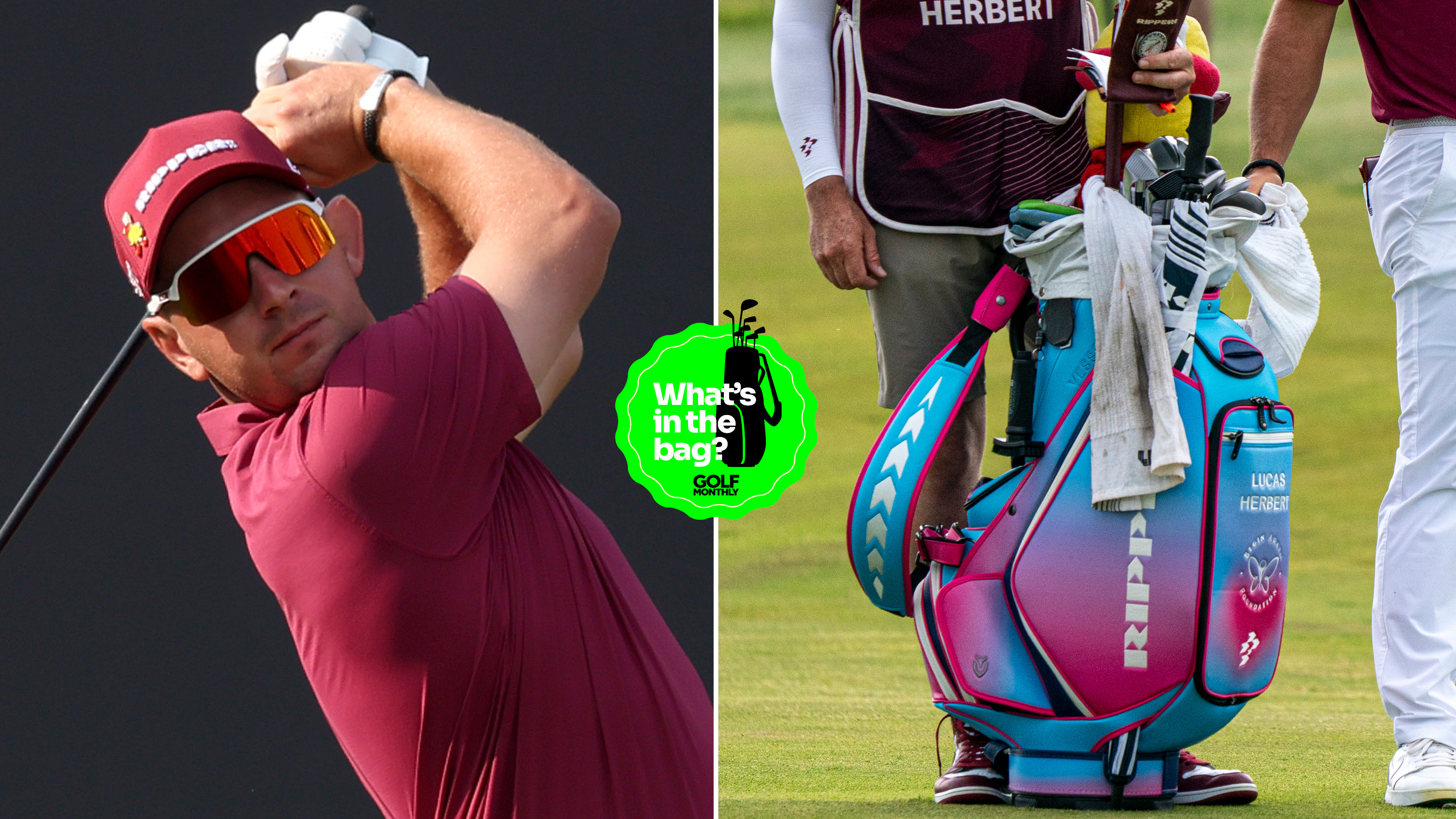 Lucas Herbert hits a shot off the tee, with a close-up of his golf bag
