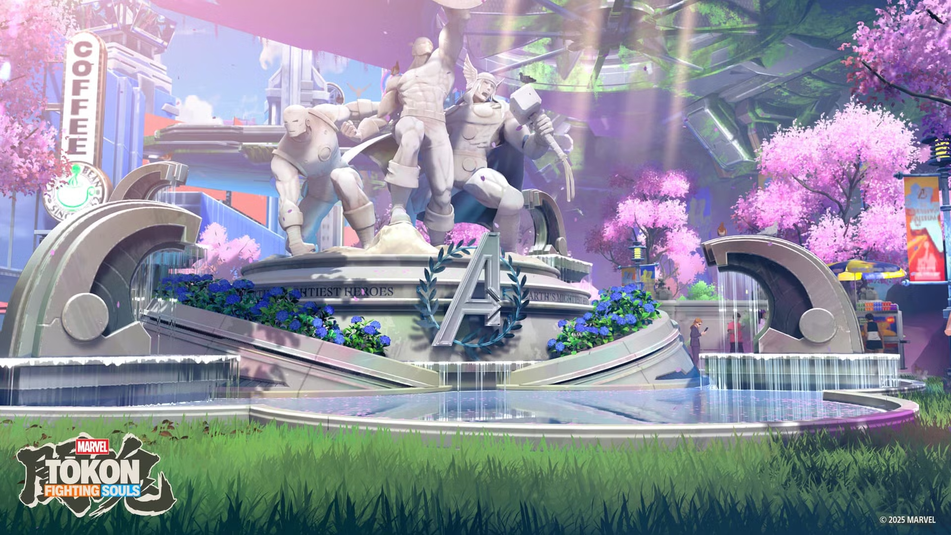 Marvel T&amp;#333;kon: Fighting Souls - A stage with a lush park with an Avengers statue.