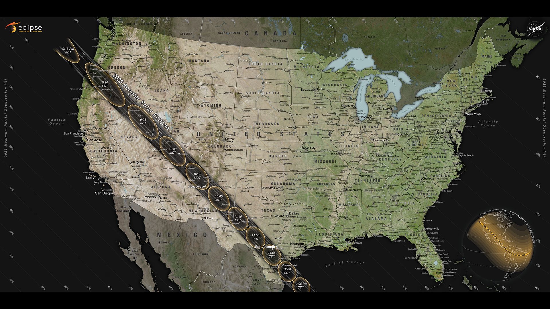 The path of annularity crossing the U.S. on October 14, 2023.