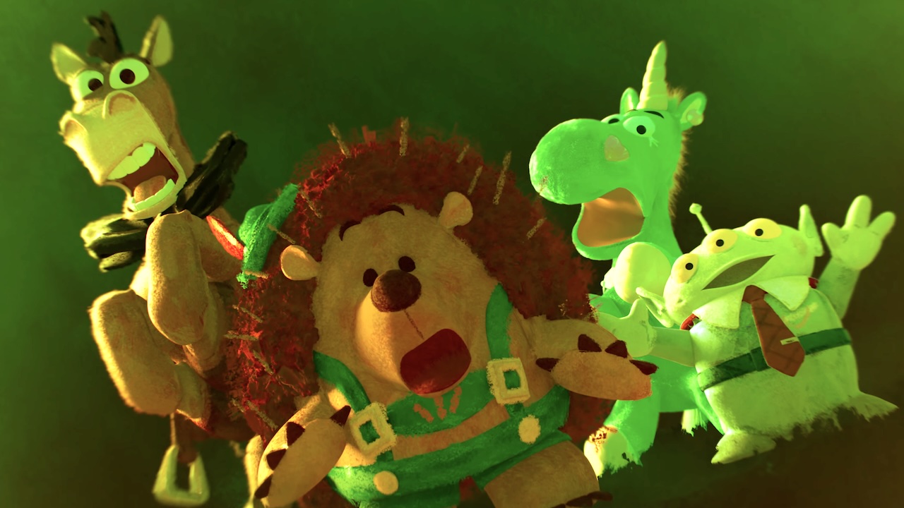 Bullseye, Mr. Pricklepants, Alien and Buttercup scared reactions in Toy Story 5