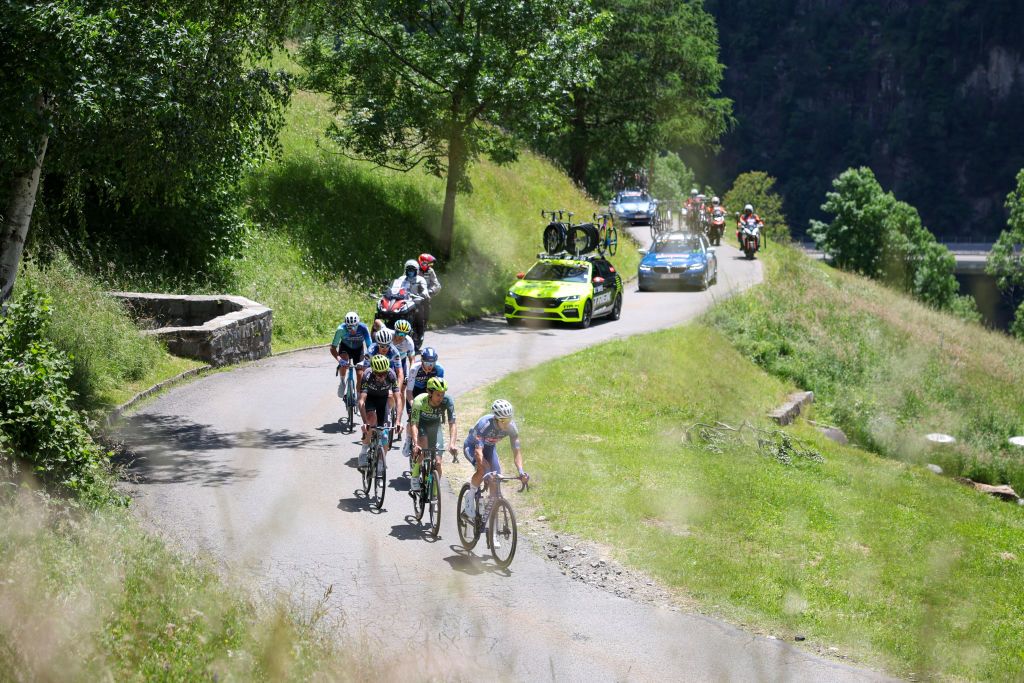 CARI SWITZERLAND JUNE 13 First group of riders compete during the 87th Tour de Suisse 2024 Stage 5 a 1486km stage from Ambri to Cari on June 13 2024 in Cari Switzerland Photo by Sara CavalliniGetty Images
