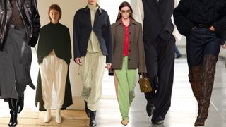 pants styled with shoes at Michael Kors, Colleen Allen, Tibi, Tory Burch, Khaite's Fall 2025 shows