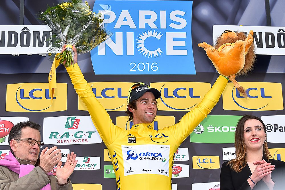 Michael Matthews in yellow after stage 1 of Paris-Nice.