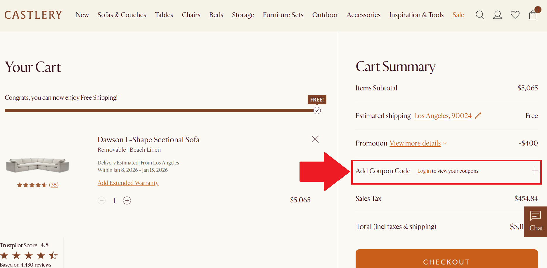 A screenshot of the castlery checkout page showing where to enter a castlery promo code