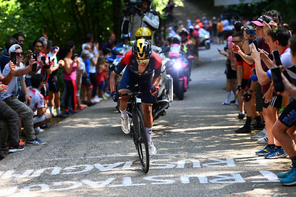 TURIN ITALY MAY 21 Richard Carapaz of Ecuador and Team INEOS Grenadiers attacks during the 105th Giro dItalia 2022 Stage 14 a 147km stage from Santena to Torino Giro WorldTour on May 21 2022 in Turin Italy Photo by Tim de WaeleGetty Images