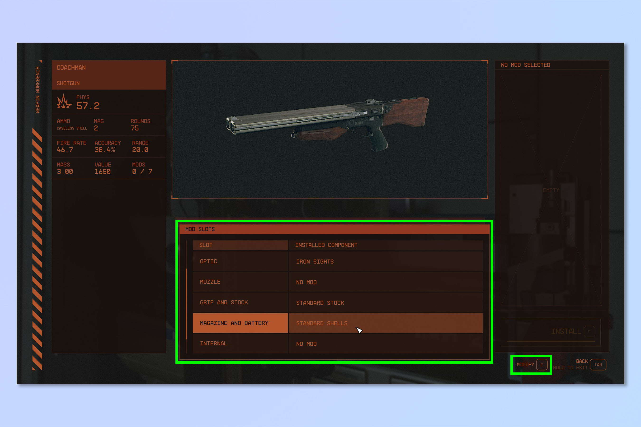 Скриншот, показывающий, как модифицировать оружие в Starfield.