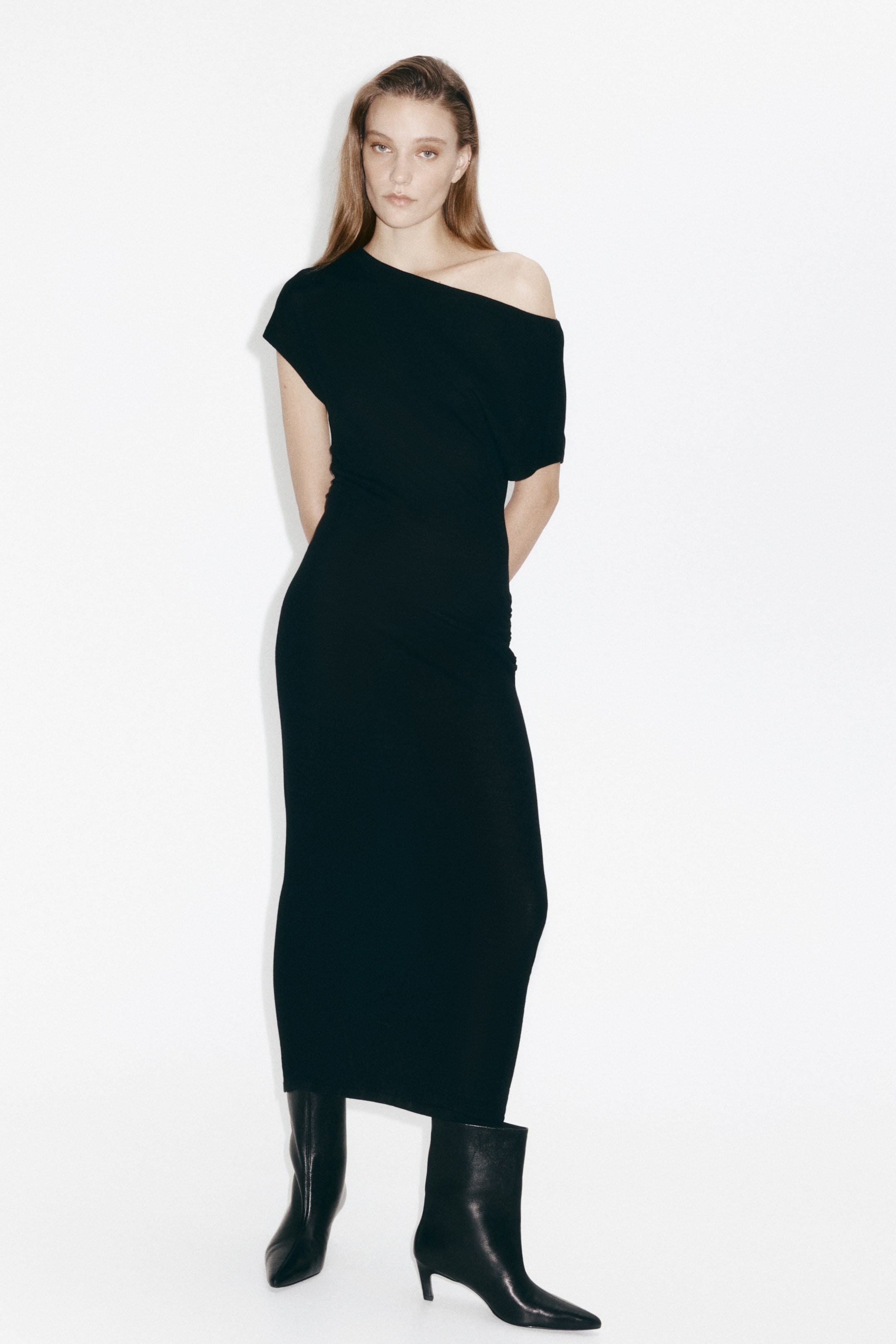 One-Shoulder Merino Wool Dress - Black