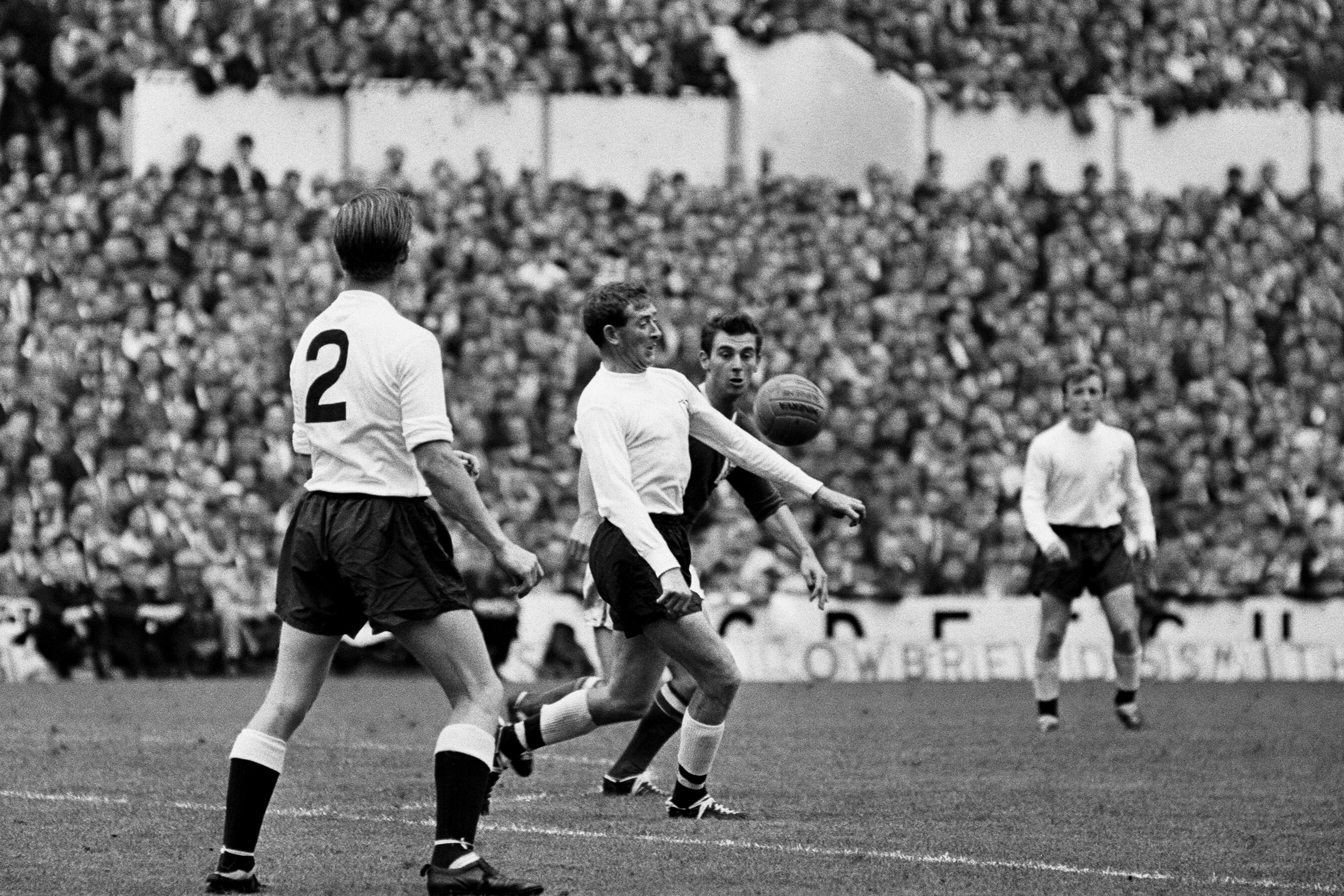 Tottenham's Danny Blanchflower controls the ball in a match against Nottingham Forest in 1963.
