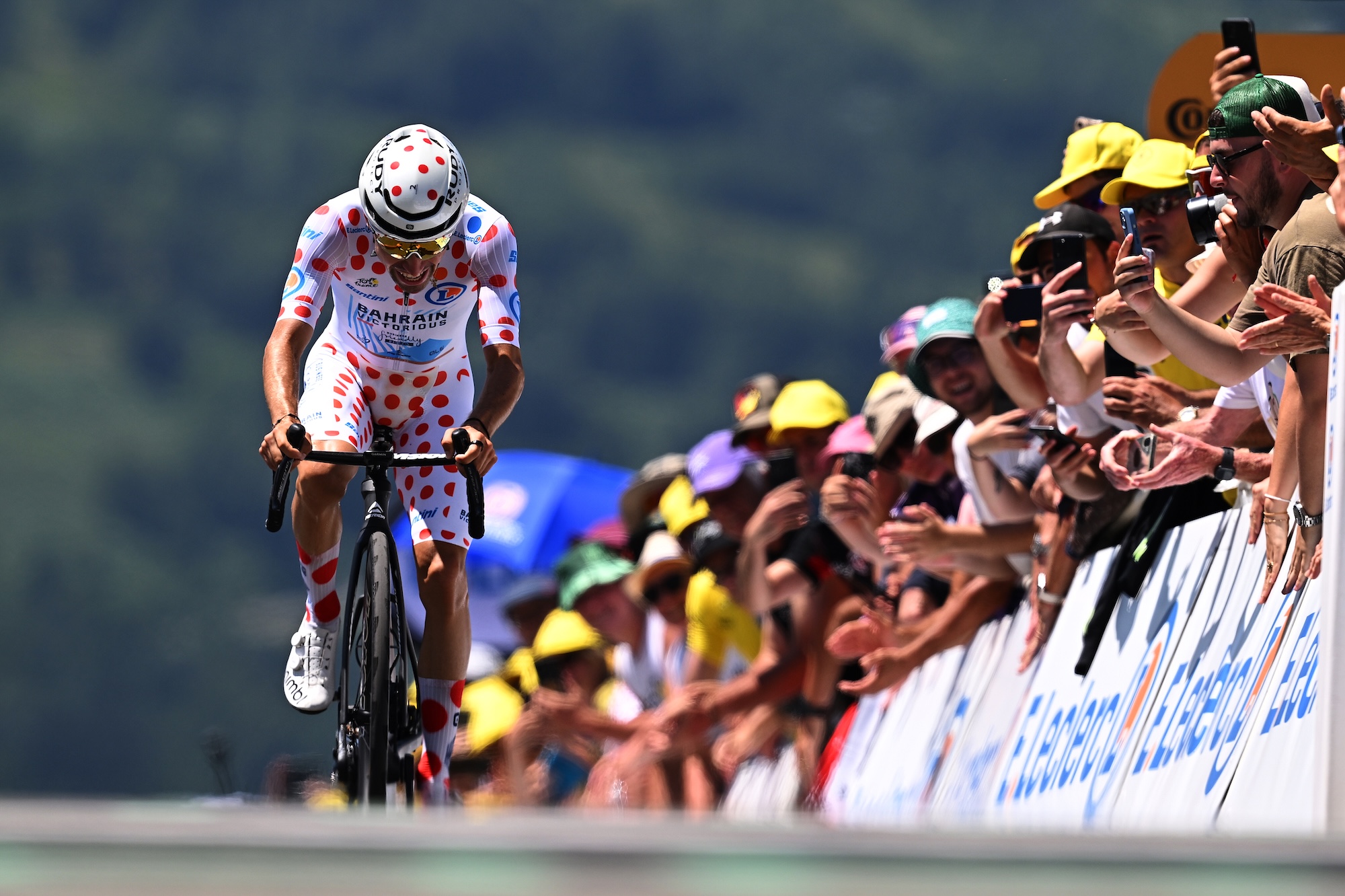 PEYRAGUDES, FRANCE - JULY 18: Lenny Martinez of France and Team Bahrain - Victorious - Polka Dot Mountain Jersey crosses the finish line during the 112th Tour de France 2025, Stage 13 a 10.9km individual time trial stage from Loudenvielle to Peyragudes 1561m / #UCIWT / on July 18, 2025 in Peyragudes, France. (Photo by Tim de Waele/Getty Images)