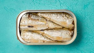 open tin of sardine on a light-blue background