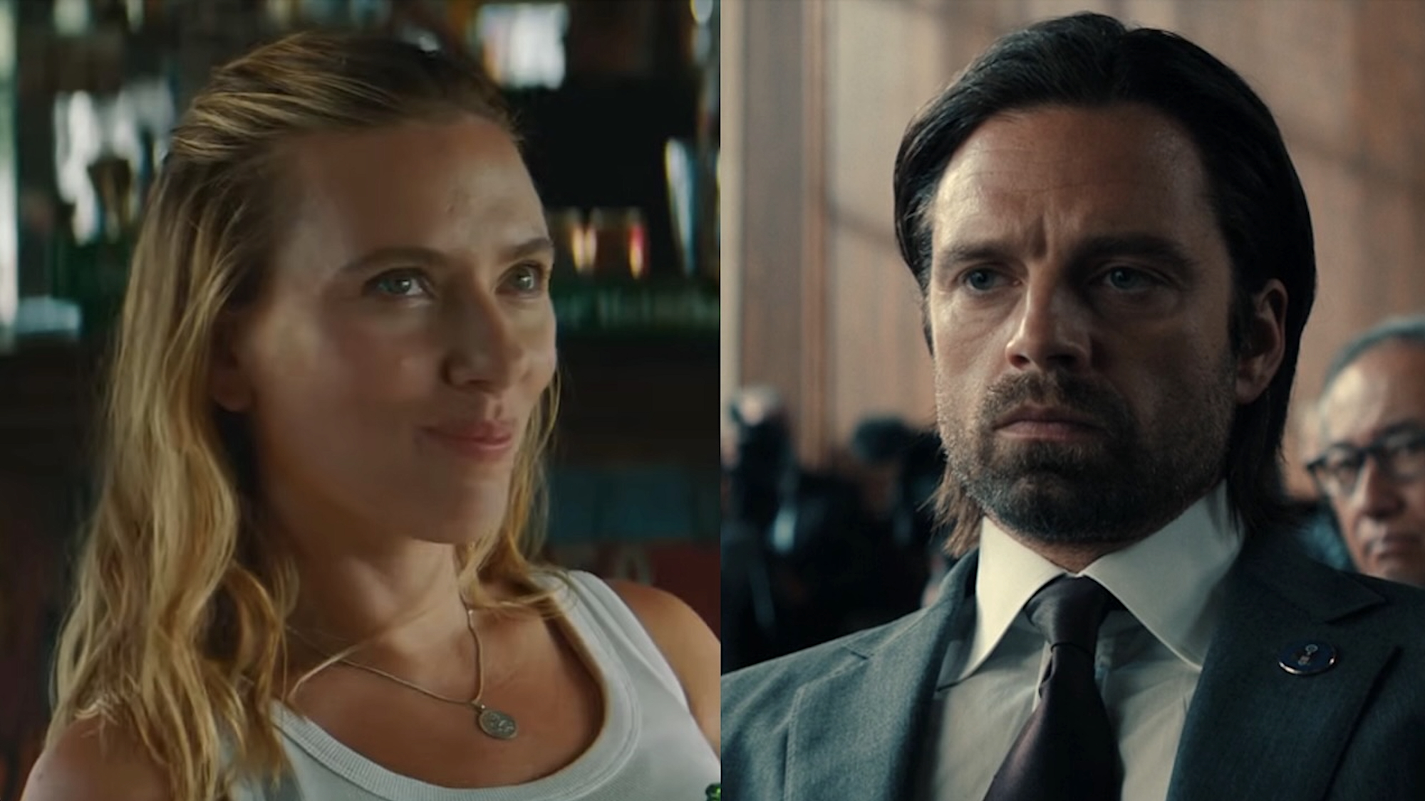 Side by side: Zora smiling in bar in Jurassic World: Rebirth, Bucky Barnes wearing suit in courtroom in Thunderbolts*