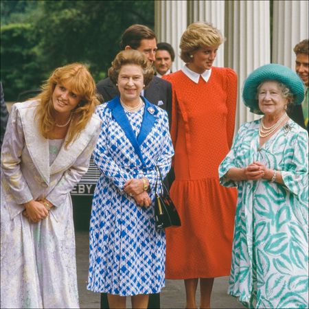 Prince Andrew, Sarah Ferguson, Queen Elizabeth, King Charles, Princess Diana, the Queen Mother, and Princess Margaret at Clarence House, London, England, August 4, 1986