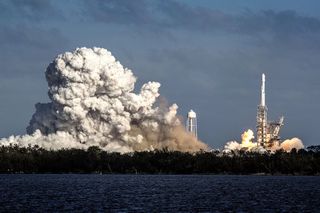 SpaceX&#039;s Falcon Heavy successfully lifts off from Launchpad 39A at Kennedy Space Center in Cape Canaveral, Florida, on Feb. 6, 2018.