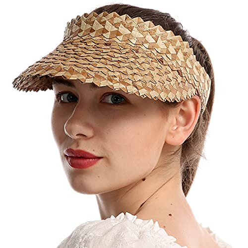 Ehsbuy Sun Visors for Women Floppy Foldable Straw Uv Protection Rollable Ladies Sun Hat Visor Cap Ponytail Topless Hat Upf 50+ Khaki