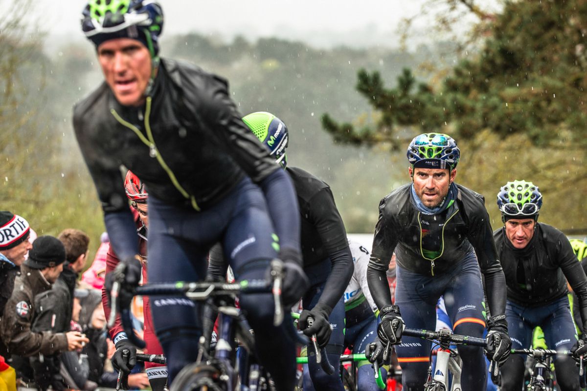 Alejandro Valverde looking alert in the snow
