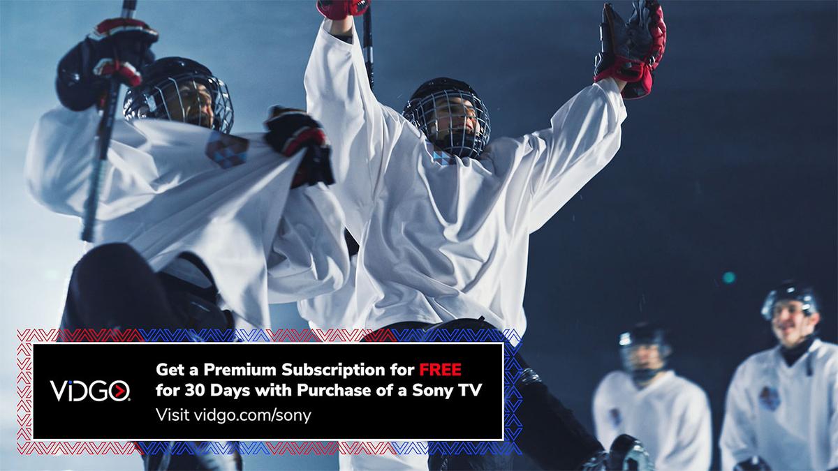 Vidgo hockey players on the screen of a sony tv