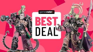 Two warriors of the Emperor's Children on either side of a GamesRadar+ 'best deal' badge, all against a pink background