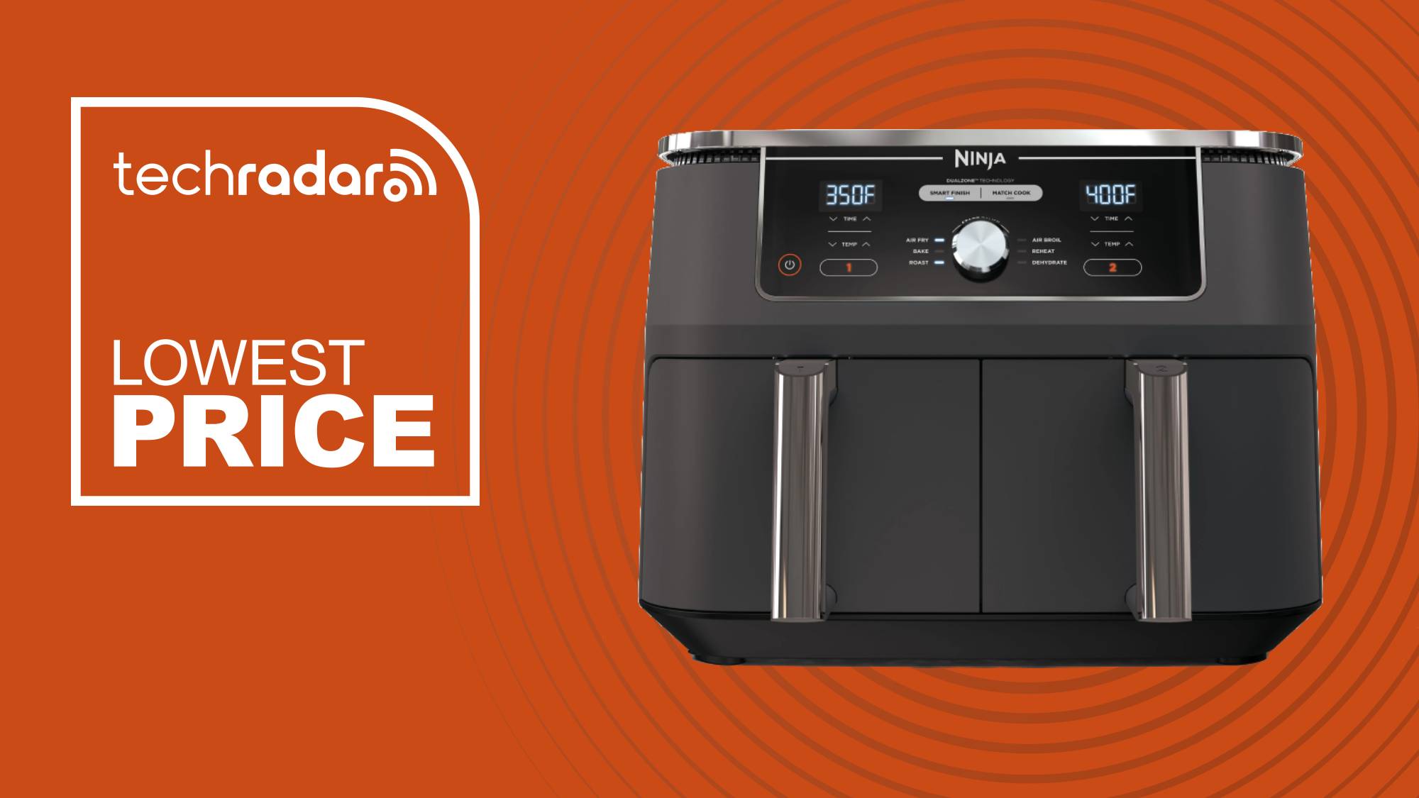 Ninja Foodi dual zone air fryer on orange background next to a &#039;lowest price&#039; label 