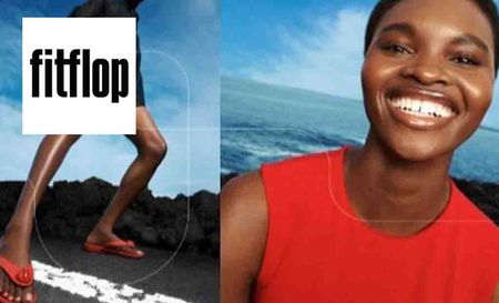 fitflop logo top left with a close up shot of a woman posing
