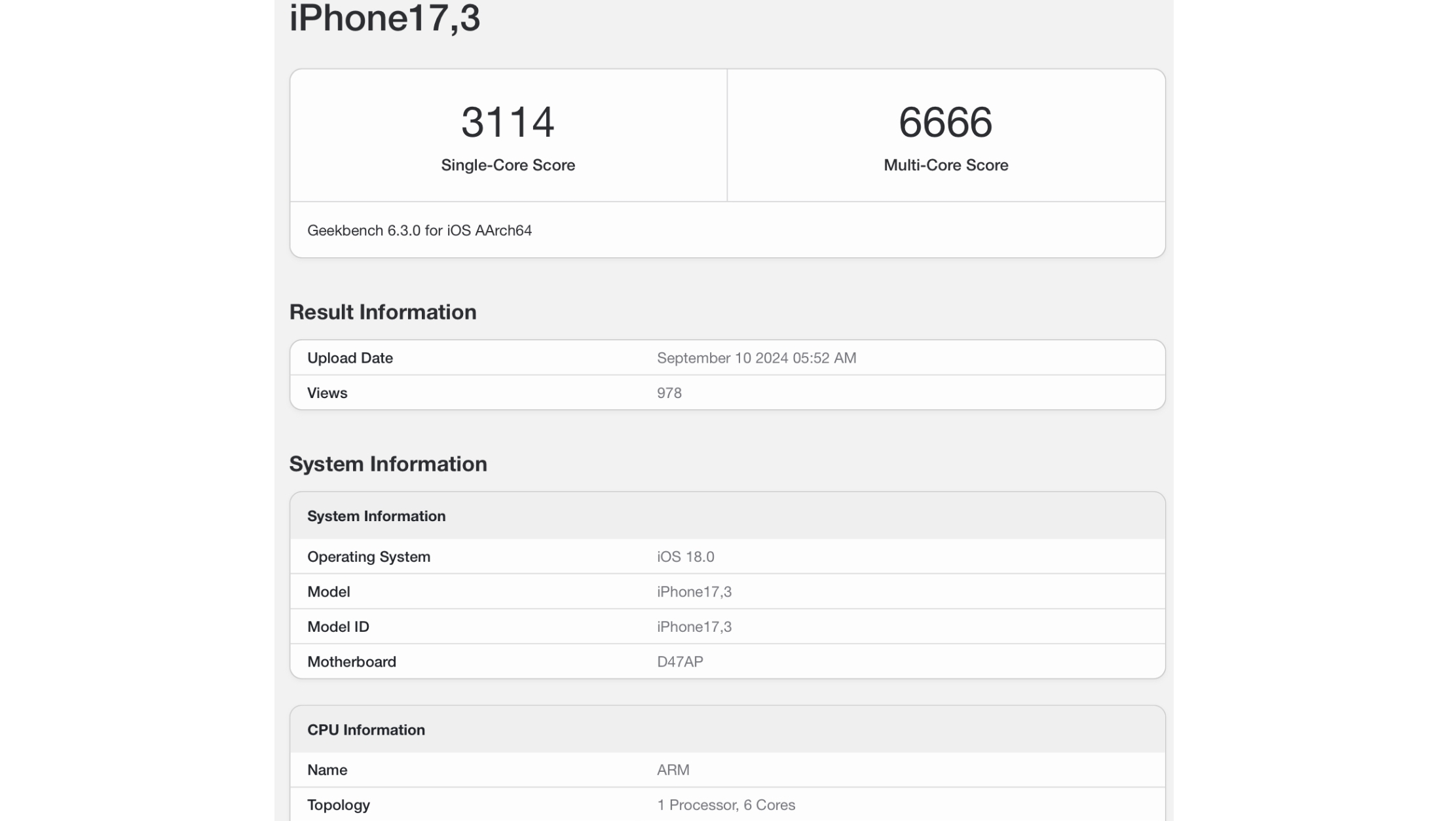 A Geekbench listing for the iPhone 16