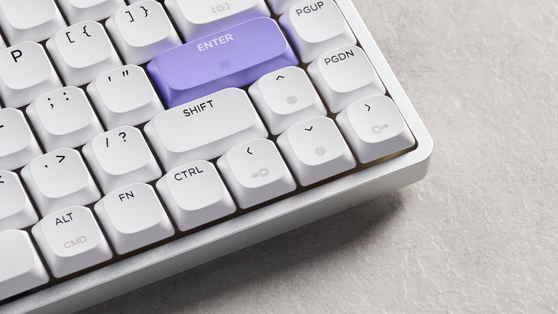 A white and purple Epomaker Luma84 low-profile mechanical keyboard