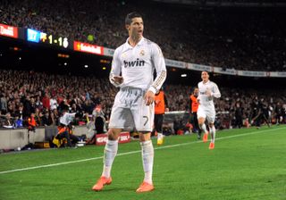 Cristiano Ronaldo does his "calma, calma" celebration after scoring against Barcelona at Camp Nou in 2012.