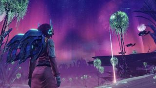 Xenoblade Chronicles X: Definitive Edition screenshot of a player character looking at an aurora in the sky above Sylvalum.