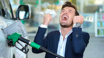 picture of frustrated man pumping gas