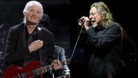 LEFT: Jimmy Page performs onstage during the 38th Annual Rock & Roll Hall Of Fame Induction Ceremony at Barclays Center on November 03, 2023 in New York City. RIGHT: Robert Plant performs with his band Saving Grace at Harrah's Resort Southern California on November 23, 2025 in Valley Center, California.