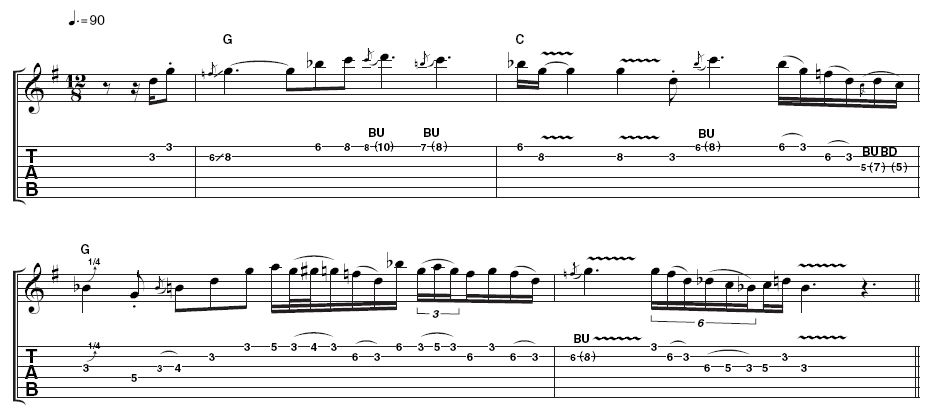 Example 1: Using Texas Flood as inspiration, this opening example showcases SRV's flamboyant but always coherent phrasing. There is a strong Albert King influence, with a biting attack.