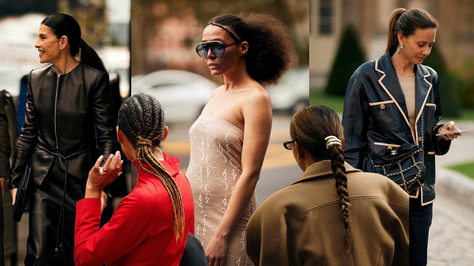 five women wearing stylish outfits and ponytails in a collage image