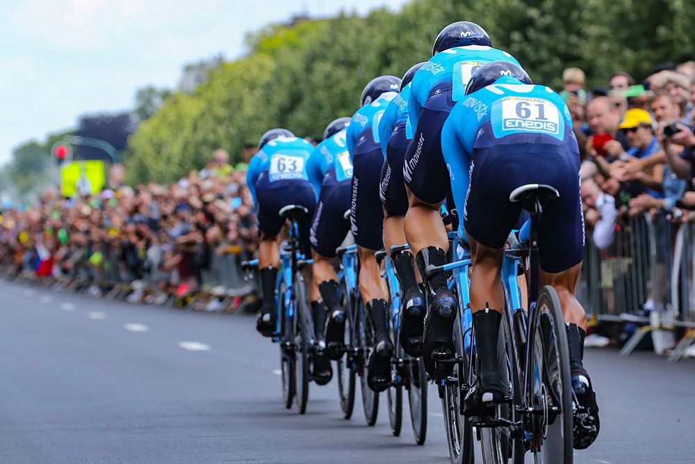 Movistar race the team time trial at the Tour de France