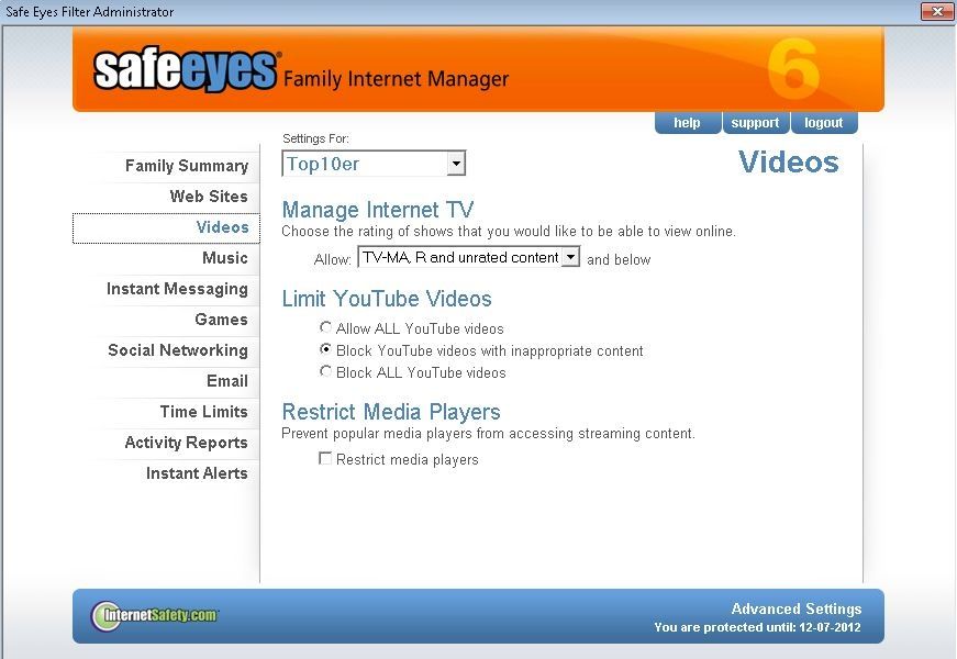 McAfee Safe Eyes image: This parental monitoring software lets you manage internet TV.