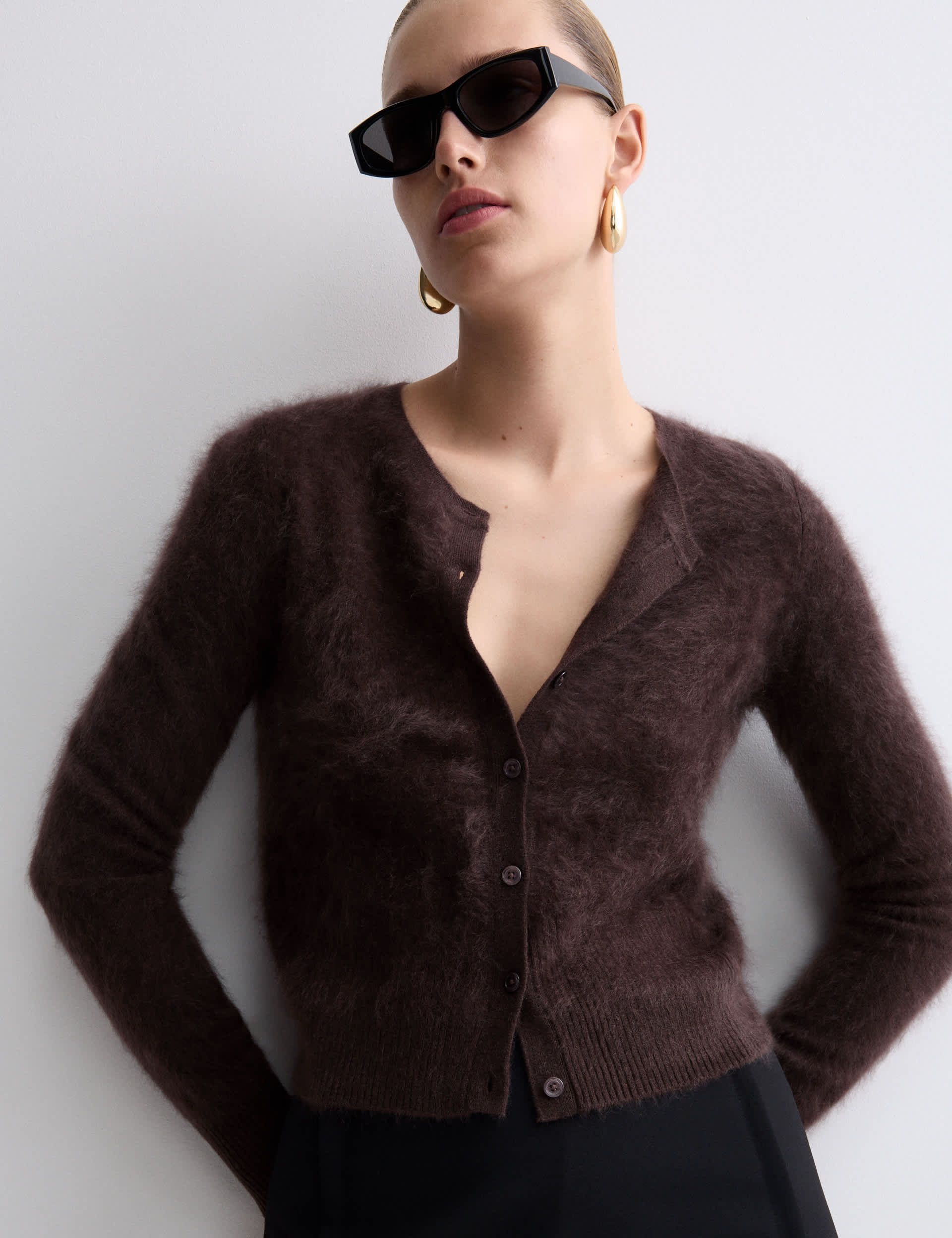 Brushed Pure Cashmere Button Front Cardigan
