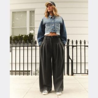 Grey Double Belted Wide Leg Trousers