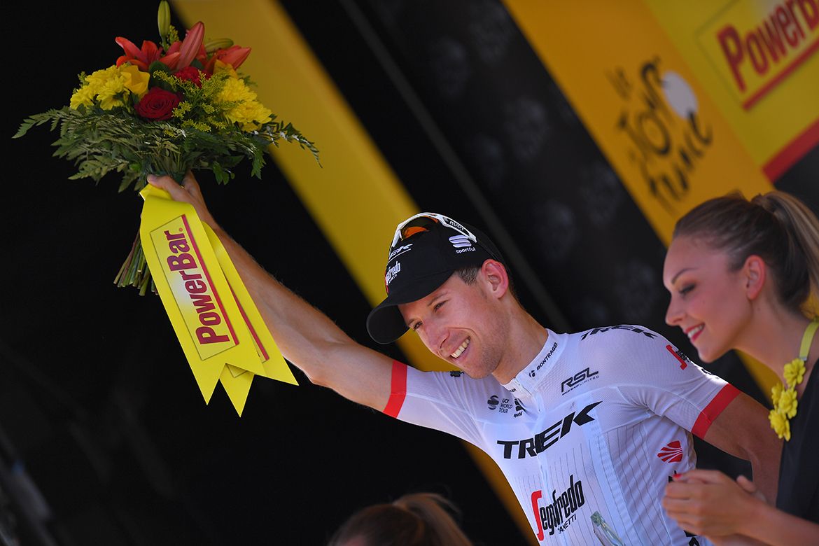 Bauke Mollema enjoying the podium celebration after his stage 15 win at the Tour de France
