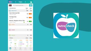 Nutracheck calorie counter app logo and homepage with breakfast items logged