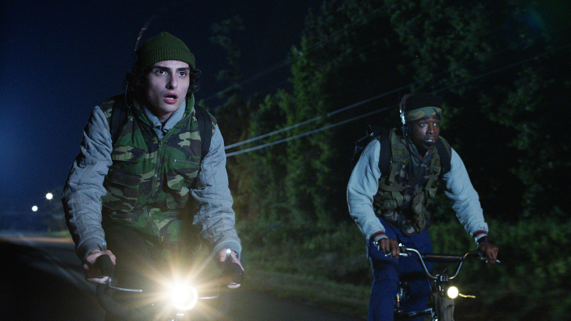 Mike and Lucas on bicycles at night in Stranger Things season 5