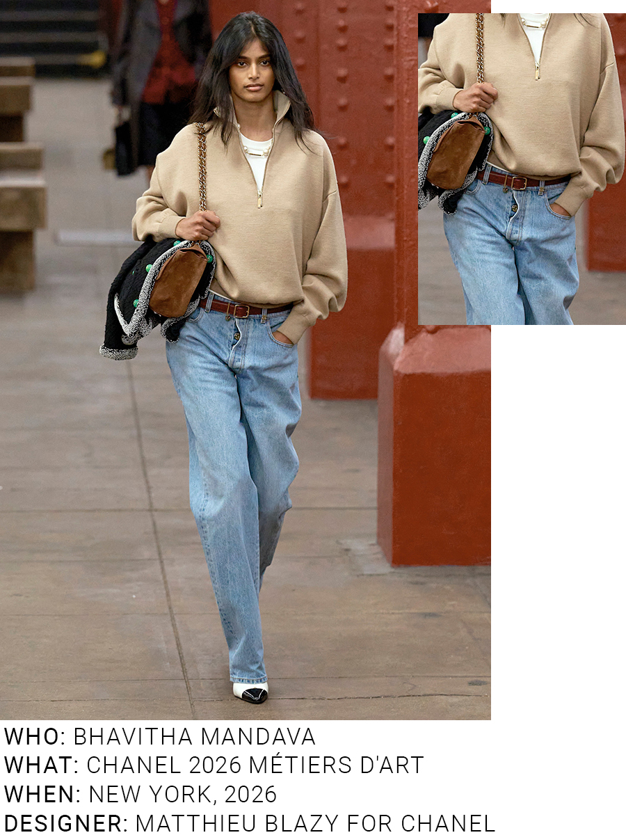 An image of Bhavitha Mandava wearing an iconic denim outfit from the 2026 Chanel M&amp;eacute;tiers d'art show.