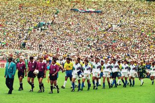 Brazil and Italy head out onto the pitch for the 1994 World Cup final at the Rose Bowl in Pasadena in July 1994.