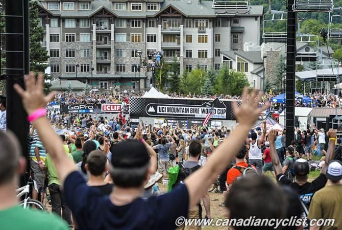 Fans celebrate Aaron Gwin taking the (short lived) lead