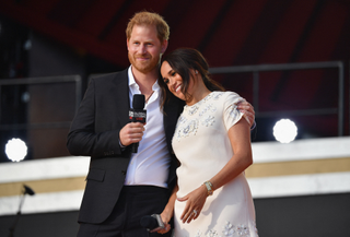 Prince Harry and Meghan Markle speak during the 2021 Global Citizen Live festival at the Great Lawn, Central Park on September 25, 2021 in New York City.