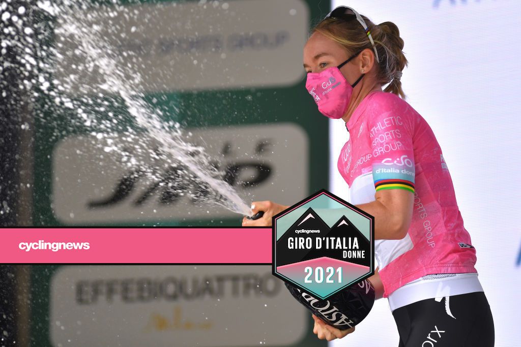 COLICO, ITALY - JULY 07: Anna Van Der Breggen of Netherlands and Team SD Worx Pink Leader Jersey celebrates at podium during the 32nd Giro d'Italia Internazionale Femminile 2021, Stage 6 a 155km stage from Colico to Colico / Champagne / #GiroDonne / #UCIWWT / on July 07, 2021 in Colico, Italy. (Photo by Luc Claessen/Getty Images)