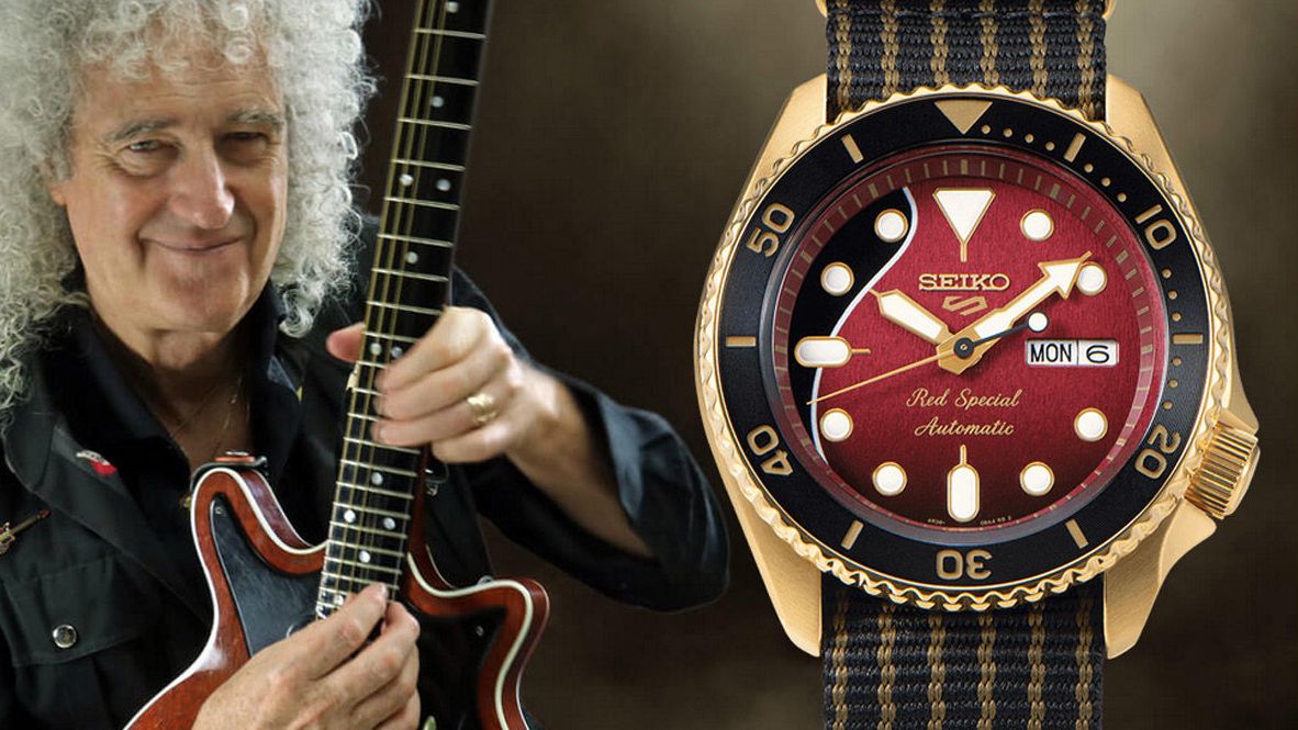 Brian May holds his Red Special guitar (left), a Seiko Brian May watch