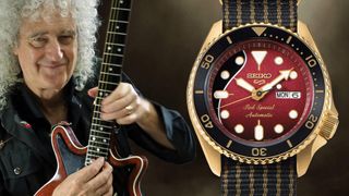 Brian May holds his Red Special guitar (left), a Seiko Brian May watch