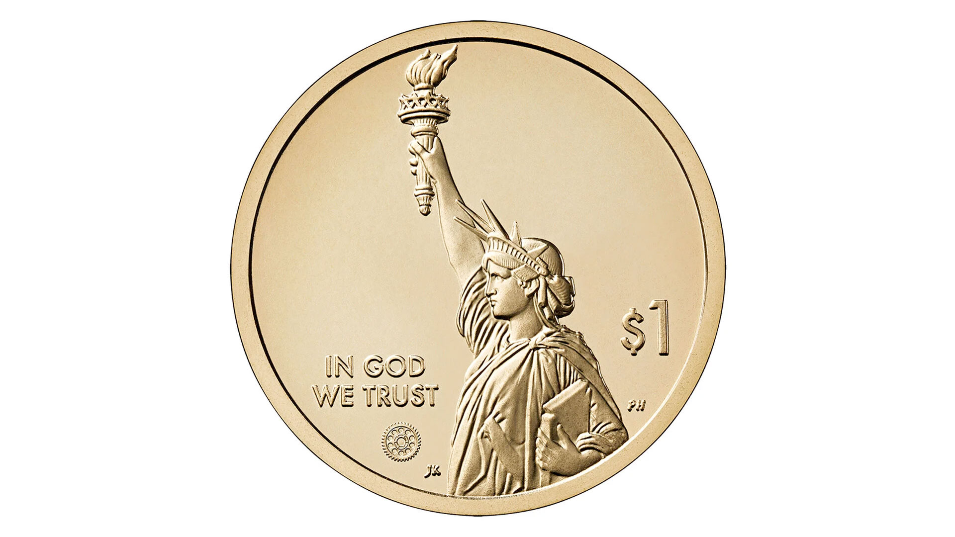 a golden coin with a depiction of the Statue of Liberty in profile