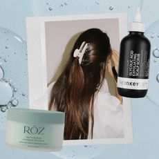 Collage of strong, shiny hair and glycolic acid haircare products