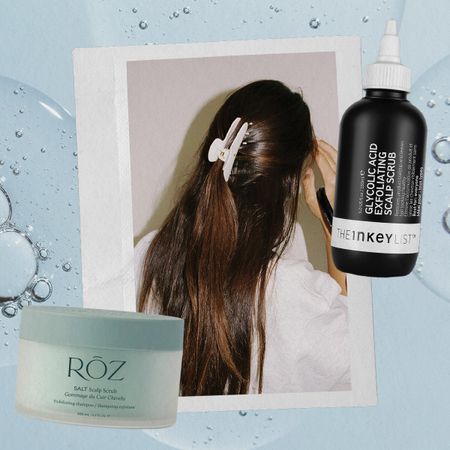 Collage of strong, shiny hair and glycolic acid haircare products