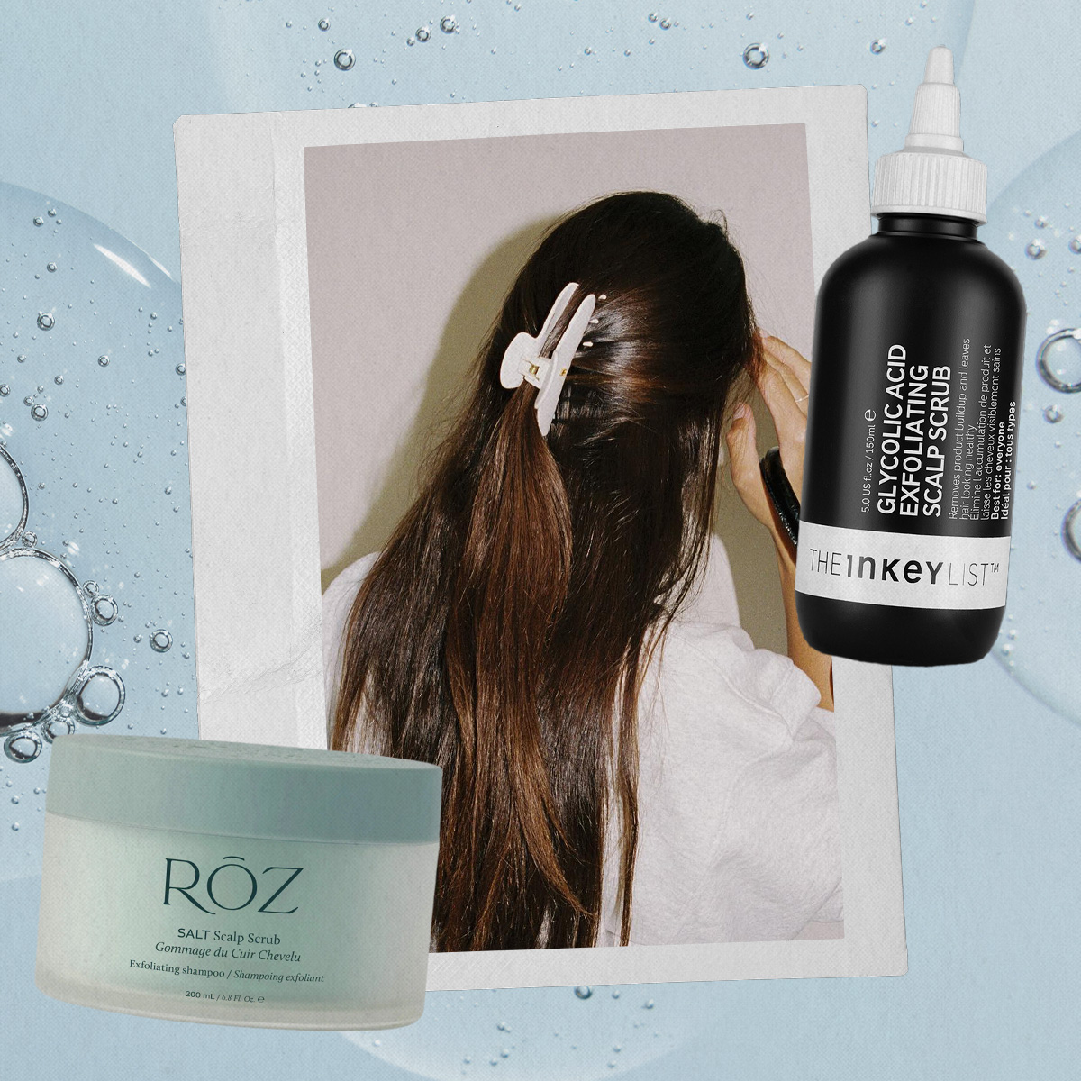 Collage of strong, shiny hair and glycolic acid haircare products