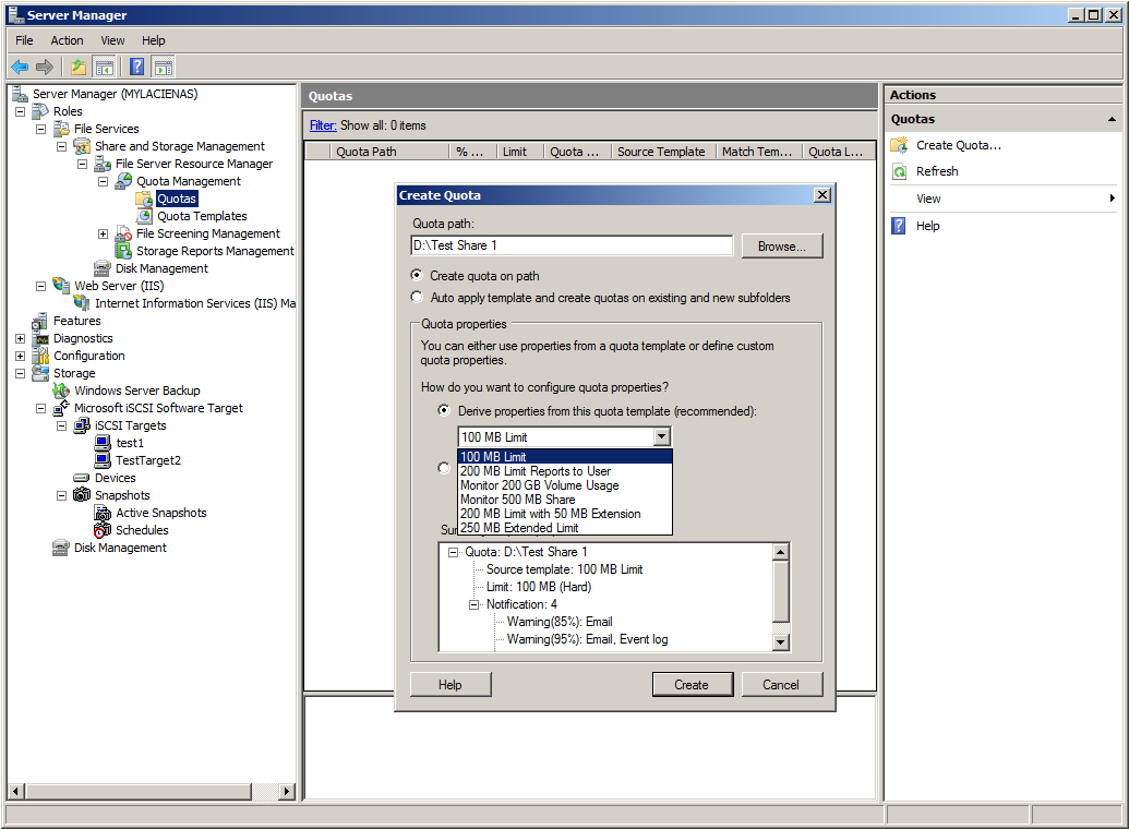 Quotas allow you to strictly control the amount of storage space users are allowed to have on the appliance.